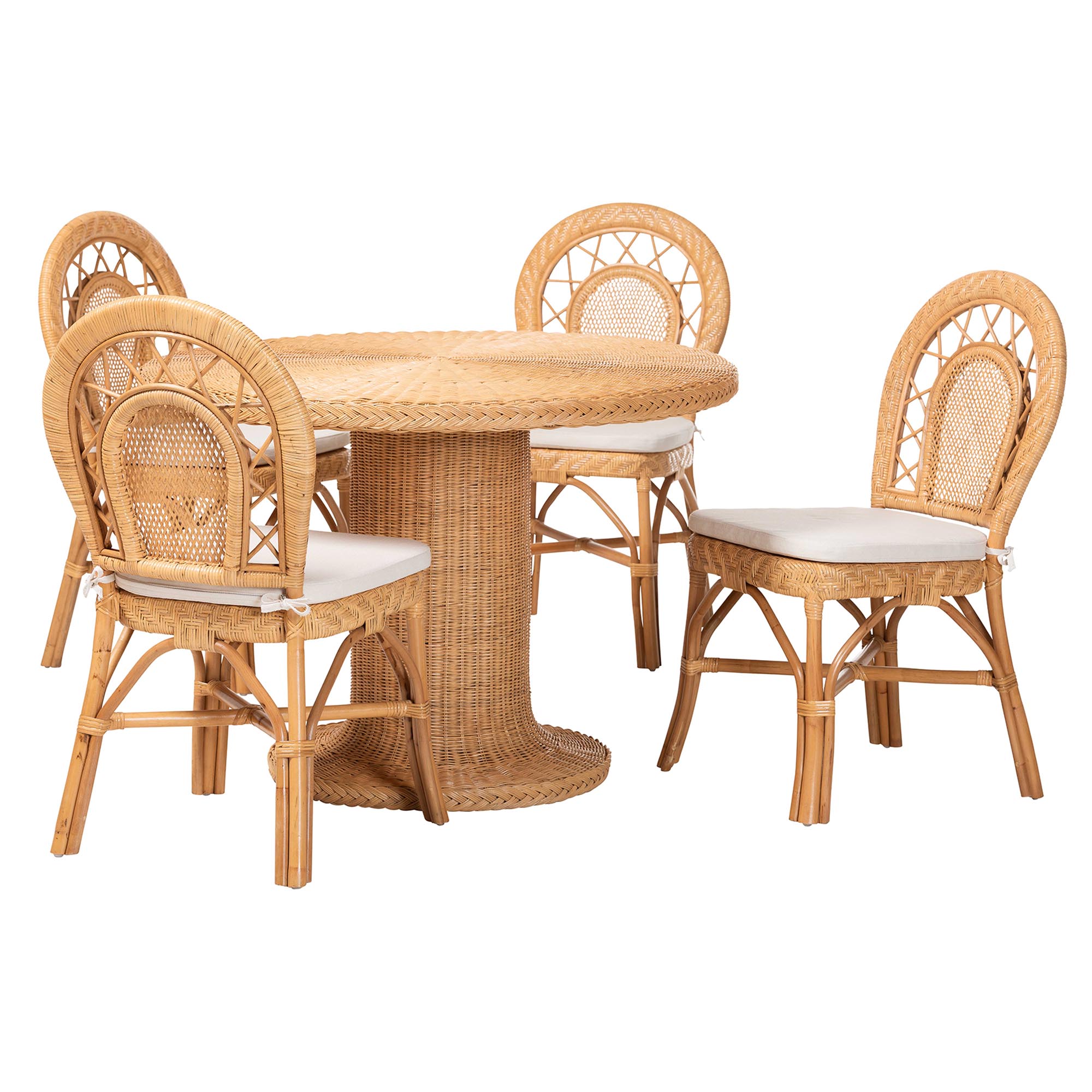 bali & pari Walker 5-Piece Natural Rattan Dining Set - Handwoven Wicker Set with Round Pedestal Table and 4 Curved Back Chairs, Coastal Boho Dining Room Furniture with Cushioned Seating